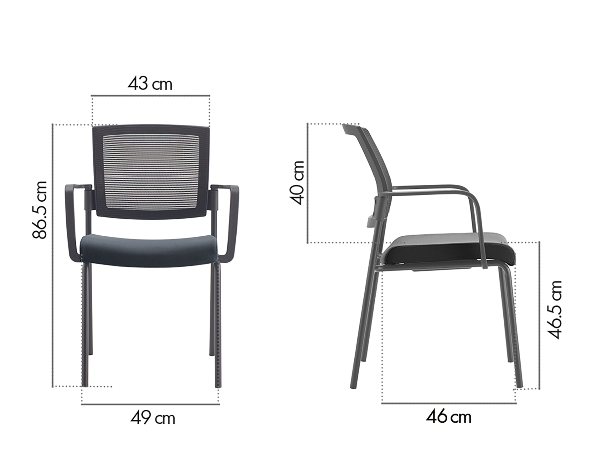Schéma dimensionnel du produit CHAISE SYNERGY NOIRE ASSISE TISSU DOSSIER MESH SANS ACCOUDOIRS